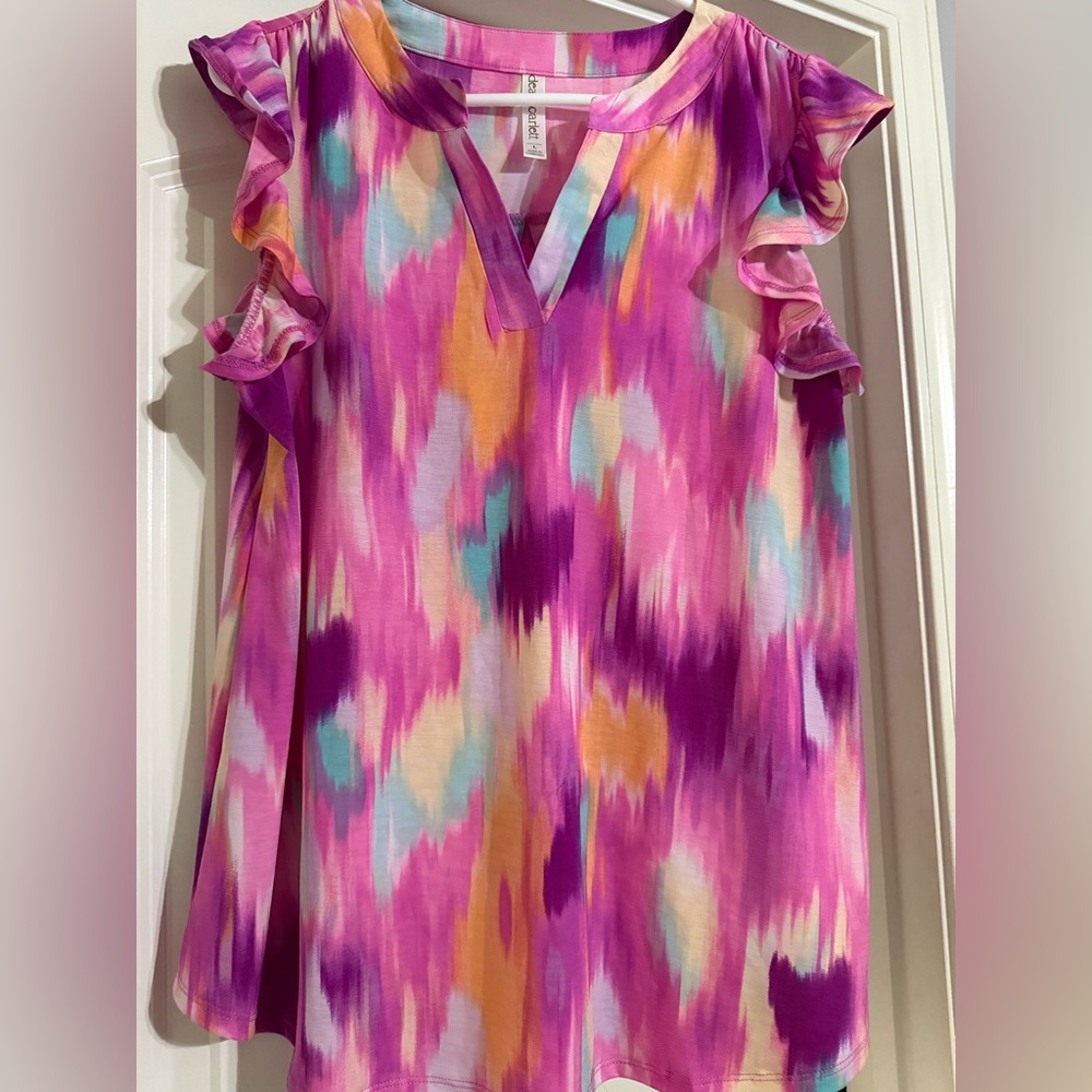 Dear Scarlett Vibrant Multicolor Women's Flutter Sleeve Blouse Large New